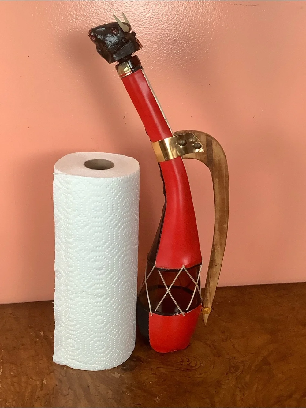 Red Black Leather-Wrapped Glass Decanter, Bull Head Stopper & Wood Handle 18”